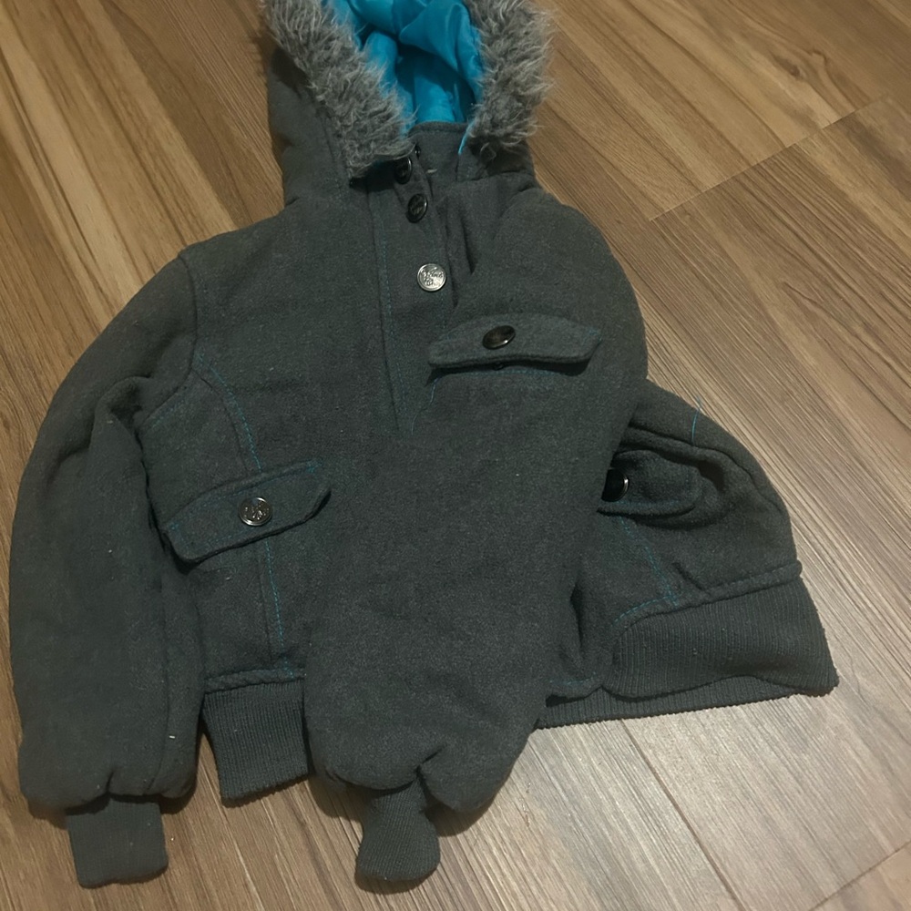 Gray Hooded coat for kids with Faux Fur Trim
